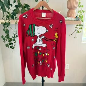 Snoopy & Woodstock Ugly Christmas Sweater Red Holiday Pullover Large Unisex